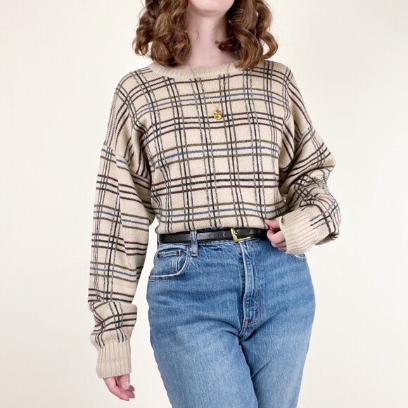 Vintage 100% Wool Plaid Knit Sweater Oversized Slouchy Loose Relaxed Fit Grandpa - Picture 4 of 7